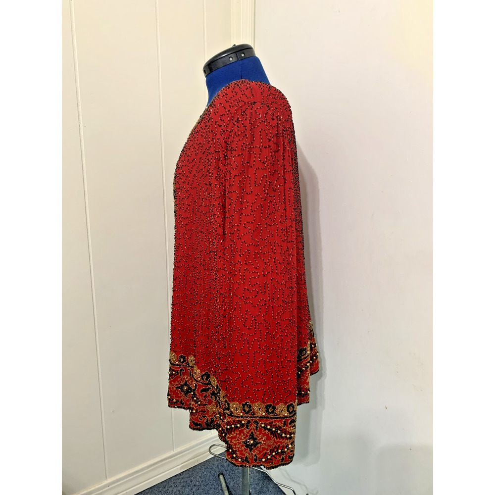 Vintage Lawrence Kazaar Silk Sequined Jacket Red 4X Holiday Party Mardi Gras - Picture 2 of 10